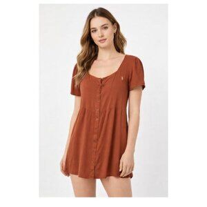 Bossini Cotron Dark Burnt Orange Brownish Short Sleeve Dress Women's Button Up